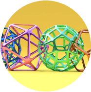 Colorful molecular models or nanotechnology structures on yellow background