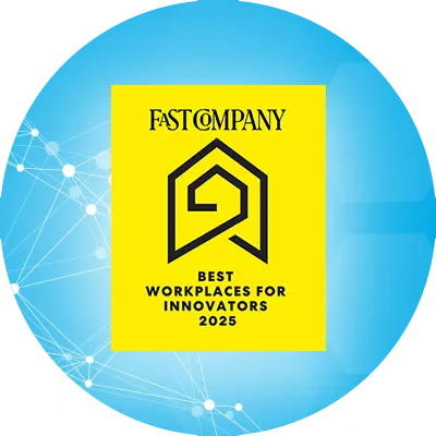 Blue background and a yellow logo with the Fast Company logo and names the 2025 Best Workplaces for Innovators.