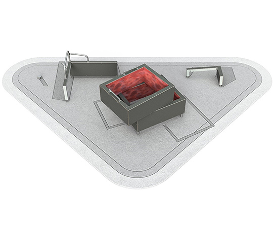 Dash Parkour Module 081763M A bird's-eye view of a skatepark designed in a triangular shape. It features several obstacles including ramps, rails, and a central box with a red interior. The surface is predominantly grey with defined pathways around the obstacles.