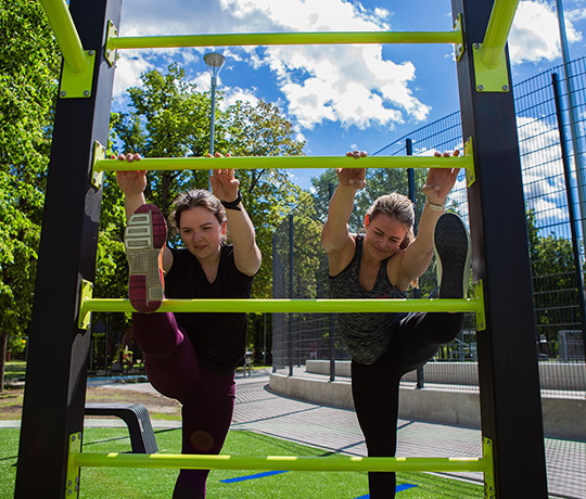 081230M Monkey bars in public park Dobele, Latvia Colorful outdoor fitness park in Dobele, Latvia