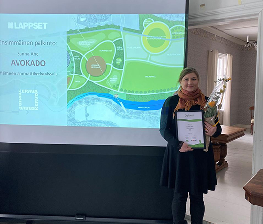 Kivisillanpuisto_ideakilpailu_voittajatyö_avokado_Saana_Aho 2022_540x460 Maisemasuunnittelun opiskelija Sanna Ahon työ Avocado palkittiin Kivisillanpuiston ideakilpailun voittajana. Palkitsemistilaisuus oli 7. maaliskuuta 2022 Keravan kartanossa.