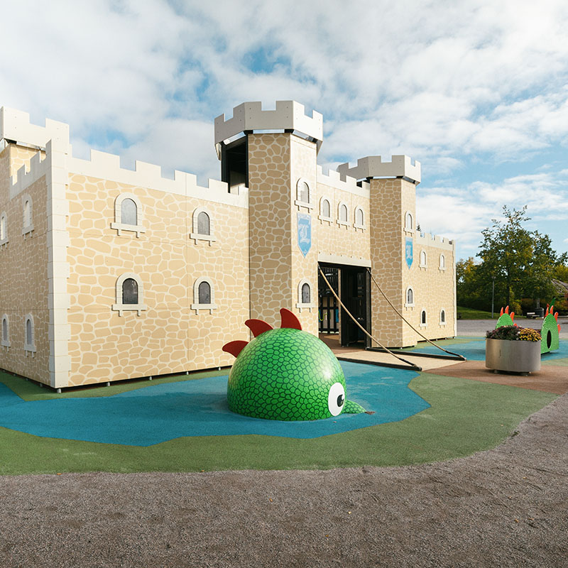 Laune Lahti Finland Castle with dragon Kind dragon Lauha lives in the play castle