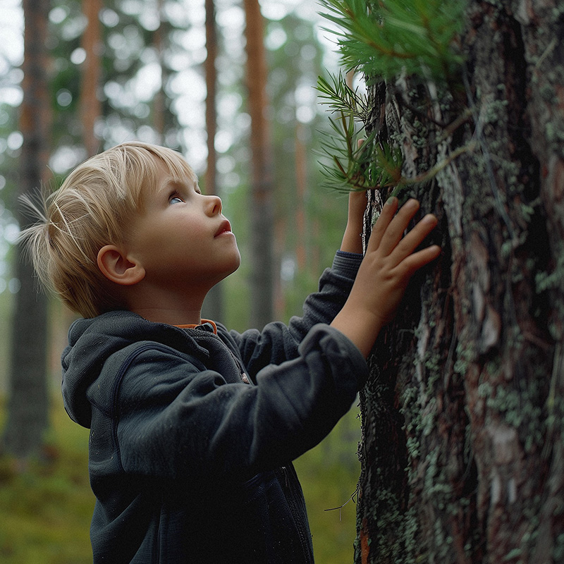 Luo positiivinen kädenjälki tulevaisuuteen Lappsetin kanssa Nuori poika tummassa hupparissa koskettaa puun kaarnaa metsän keskellä ja katsoo ylöspäin. Taustalla näkyy lisää puita, luoden metsäisen tunnelman. Kuvassa välittyy uteliaisuus ja yhteys luontoon.