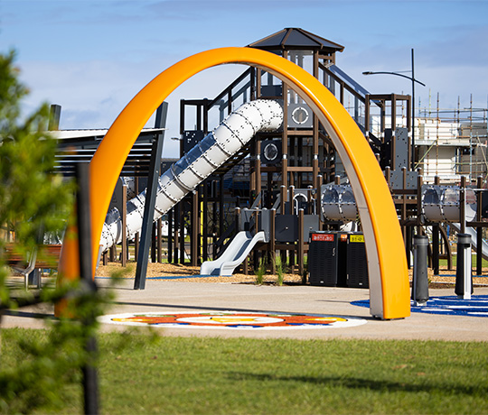 Olivia's Estate in Truganina, Australia, was installed by Lark Industries Lappset Sona Interactive dance and play arch at the Olivia Estate in Truganina, Australia, was installed by Lark Industries