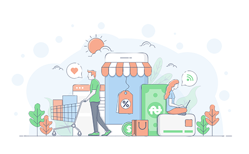Growth An illustration of people shopping.