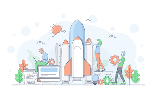 Starter An illustration of people building a rocket ship.