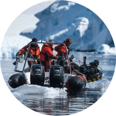 Basecamp Research crew on Antartica with diver Emma Bolton