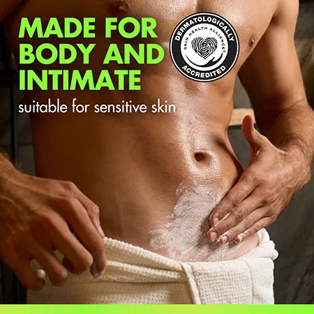 Person applying grooming product to the lower torso with visible cream, with on-image text about suitability for sensitive skin.