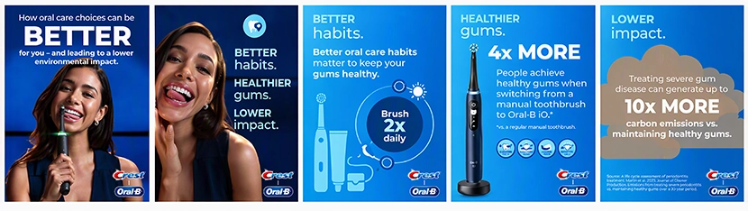 Smiling person holding an Oral-B electric toothbrush beside a Crest and Oral-B infographic highlighting oral care habits, brushing twice daily, healthier gums, and research showing severe gum disease treatment can generate up to 10x more emissions.
