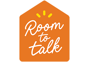 Room to Talk logo with white handwritten text inside an orange house-shaped icon