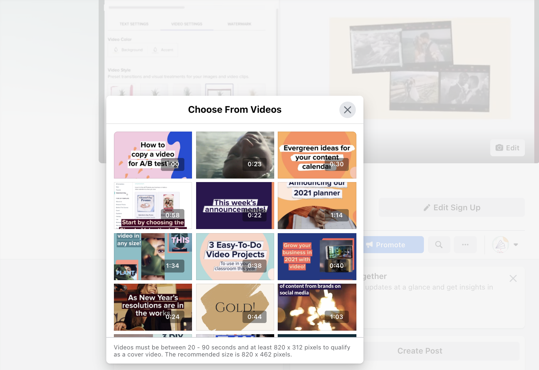 Facebook cover select video