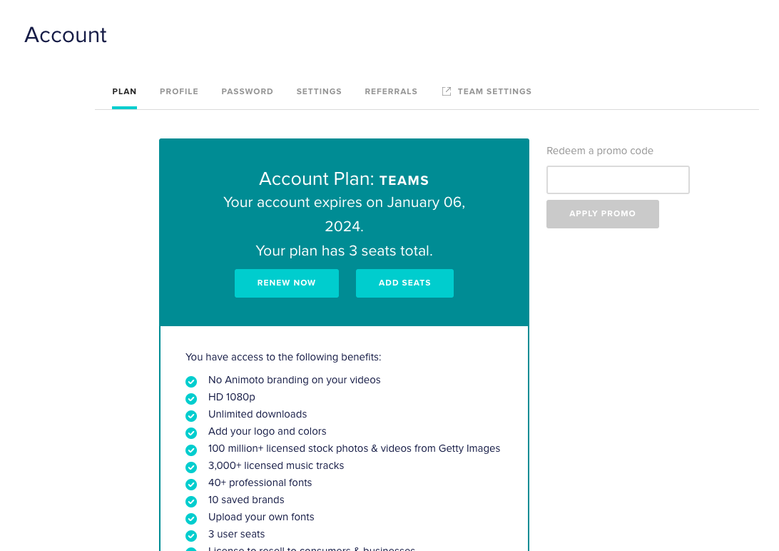 Account settings page