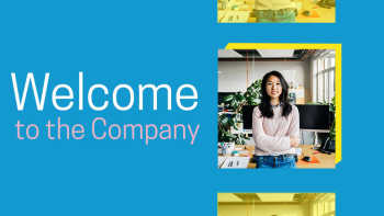 Photo video template for making a welcome to the company video featuring an employee standing in an office
