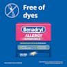 BENADRYL® Allergy Antihistamine Dye-Free LIQUI-GELS® packaging highlighting that it is free of dyes and used for relief from sneezing, runny nose, itchy throat, and itchy watery eyes.