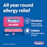 BENADRYL® Allergy ULTRATABS® Tablets box with text 'All year round allergy relief' and icons indicating relief from outdoor pollen, grass, trees, weeds and indoor pets, dust mites, mold.