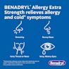 BENADRYL® Extra Strength Tablets highlighting relief for sneezing, runny nose, itchy throat or nose, and itchy, watery eyes.