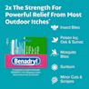 BENADRYL®  Extra Strength Itch Stopping cream packaging with text highlighting relief for insect bites, poison ivy, oak, sumac, mosquito bites, sunburn, minor cuts, and scrapes.