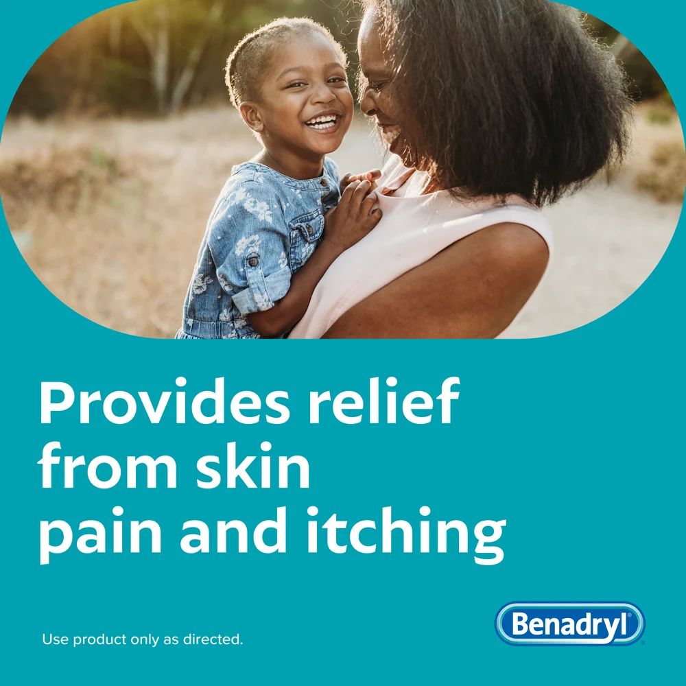 Person holding child outdoors, text overlay reads 'Provides relief from skin pain and itching,' BENADRYL® logo at the bottom.
