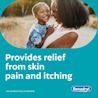 Person holding child outdoors, text overlay reads 'Provides relief from skin pain and itching,' BENADRYL® logo at the bottom.