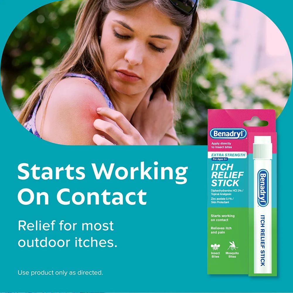 Person scratching red irritated skin on arm, BENADRYL®  Itch Relief Stick packaging displayed, text 'Starts Working On Contact', 'Relief for most outdoor itches'.