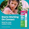 Person scratching red irritated skin on arm, BENADRYL®  Itch Relief Stick packaging displayed, text 'Starts Working On Contact', 'Relief for most outdoor itches'.