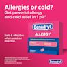 BENADRYL® Allergy ULTRATABS® Tablets on a pink background with text highlighting relief from sneezing, itchy watery eyes, runny nose, and itchy throat.