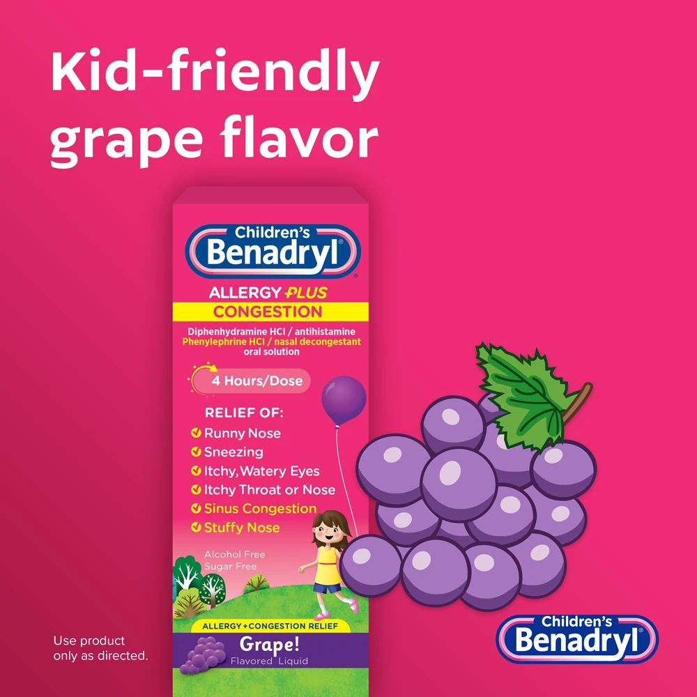 Children's BENADRYL® Allergy Plus Congestion Grape flavor liquid medicine for kids, providing relief for runny nose, sneezing, itchy eyes, throat, congestion, and stuffy nose.