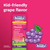 Children's BENADRYL® Allergy Plus Congestion Grape flavor liquid medicine for kids, providing relief for runny nose, sneezing, itchy eyes, throat, congestion, and stuffy nose.
