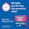 BENADRYL® Allergy Antihistamine Dye-Free LIQUI-GELS® box with text 'Allergies can hit fast. Get powerful relief.' and 'Dye-free liquid gel form' on a blue background.