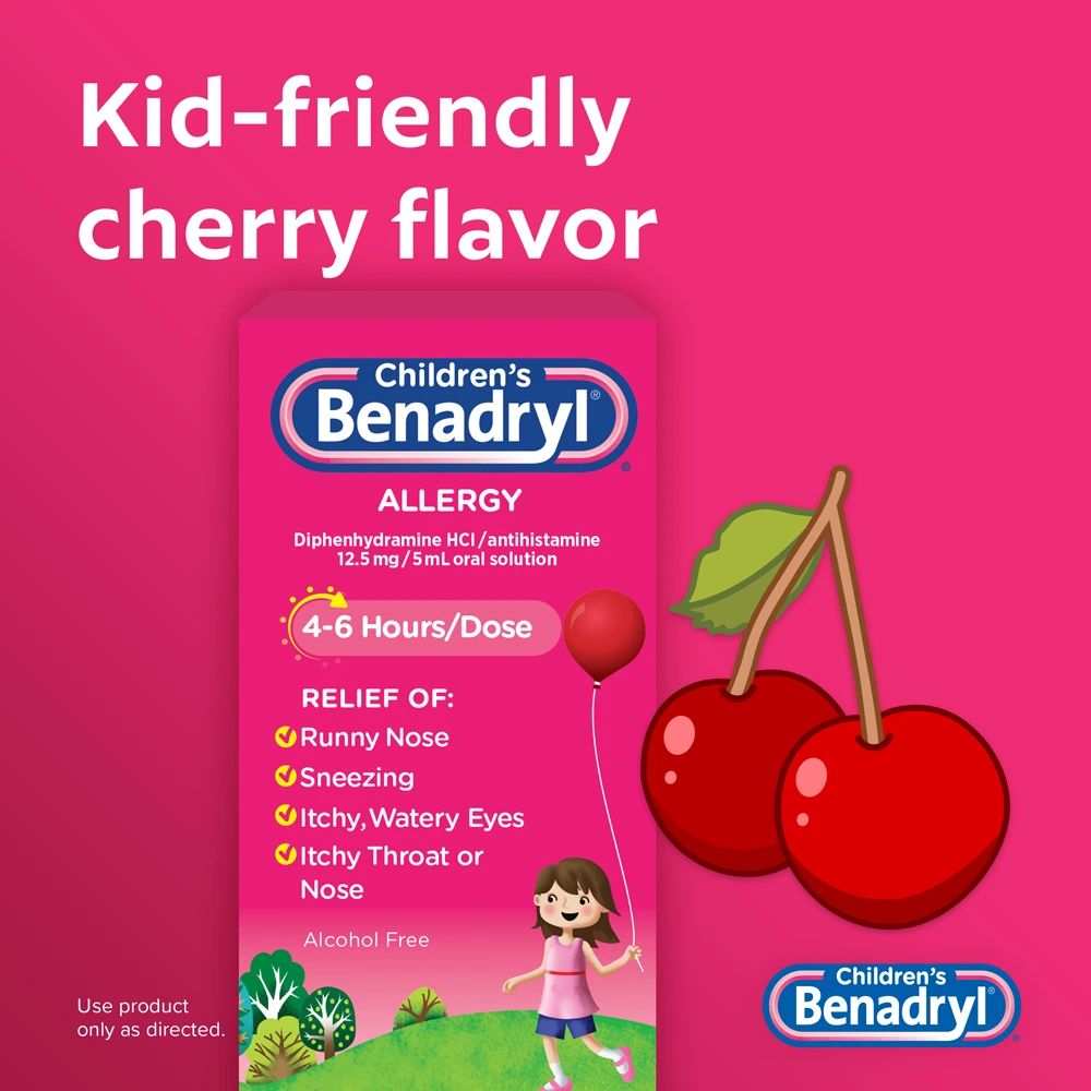 Children's BENADRYL® Allergy Liquid cherry flavor, relief for runny nose, sneezing, itchy, watery eyes, itchy throat or nose, alcohol-free, 4-6 hours/dose.