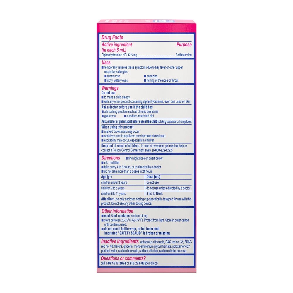 Children's BENADRYL® Allergy Liquid Cherry flavor 4 Fl. Oz drug facts