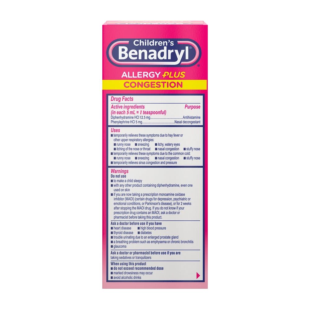 Children's BENADRYL® Allergy Plus Congestion Grape flavor package back
