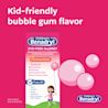 Children’s BENADRYL® Dye-Free Allergy Liquid bubble gum flavor box, indicating relief for runny nose, sneezing, itchy eyes, itchy throat or nose, and free of dyes, alcohol, sugar, parabens, and high fructose corn syrup.