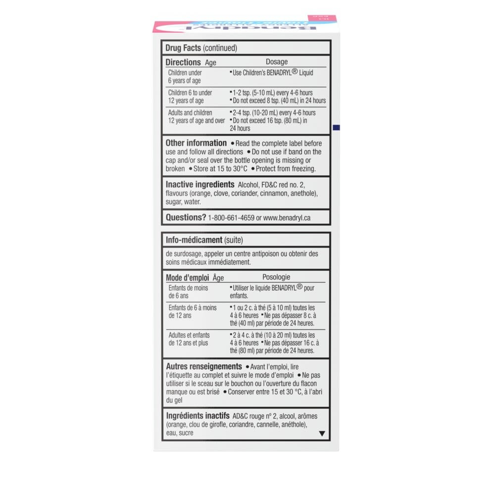 Backshot of Benadryl's Allergy Medicine Liquid Elixir with drug facts