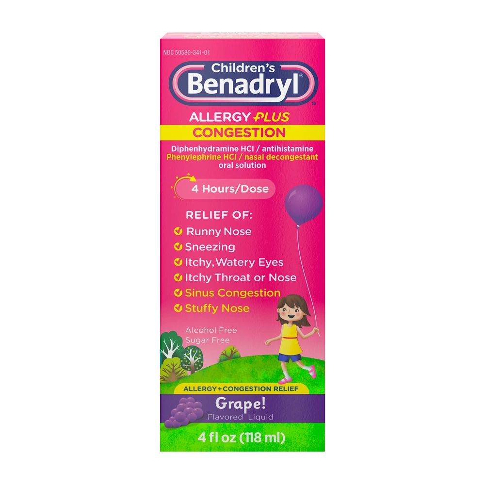 Children's BENADRYL® Allergy Plus Congestion Grape flavor  package front