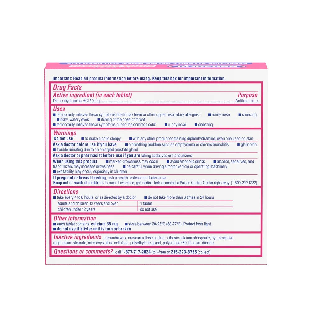 BENADRYL® Extra Strength Tablets package back