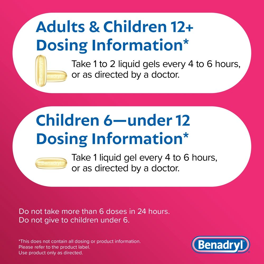 BENADRYL® Allergy Antihistamine Dye-Free LIQUI-GELS® dosing information