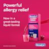 Benadryl liquid bottle showcasing, with text highlighting your powerful relief from allergy symptoms.