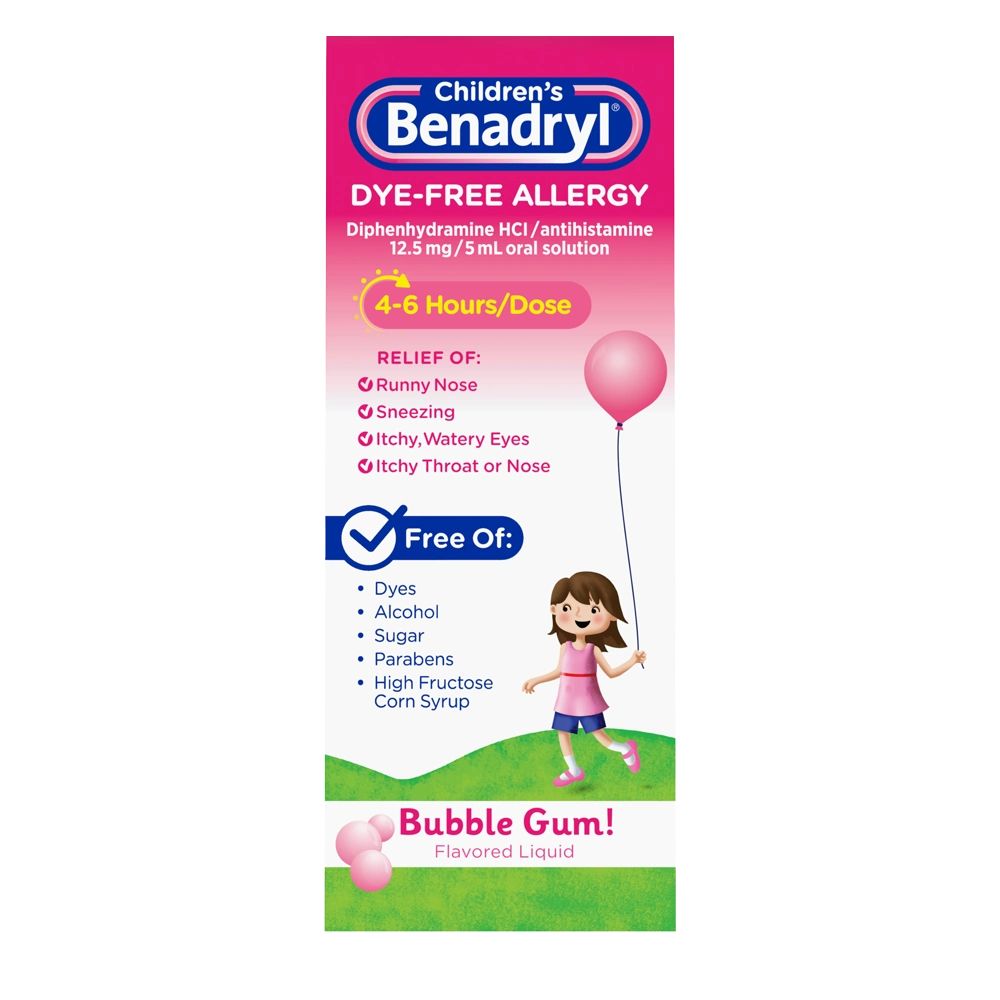 Children’s BENADRYL® Dye-Free Allergy Liquid bubble gum flavor 4 Fl. Oz package front