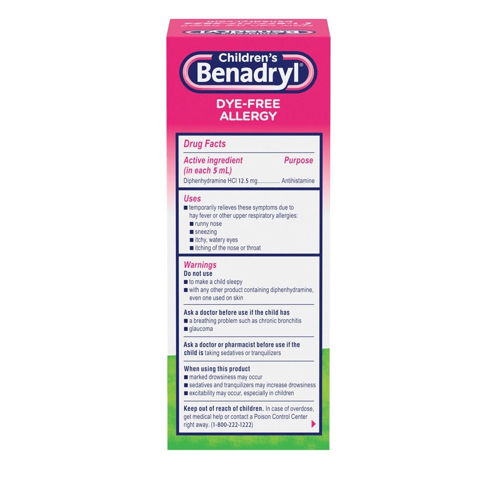 Children’s BENADRYL® Dye-Free Allergy Liquid bubble gum flavor 4 Fl. Oz Drug Facts (active ingredients, uses, and warnings)