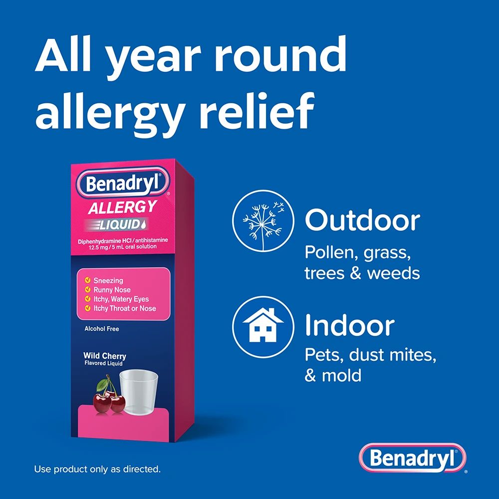 BENADRYL® Allergy Relief Liquid Medicine Wild Cherry bottle with text highlighting relief all year round for outdoor and indoor allergies.