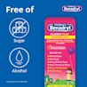Children's BENADRYL® Allergy Plus Congestion Grape flavor package, free of sugar and alcohol, provides relief for runny nose, sneezing, itchy eyes, throat, congestion, and stuffy nose.