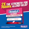 BENADRYL® Extra Strength Tablets packaging, highlighting 2X strength for powerful allergy relief, including symptoms like sneezing, runny nose, itchy throat, and watery eyes.
