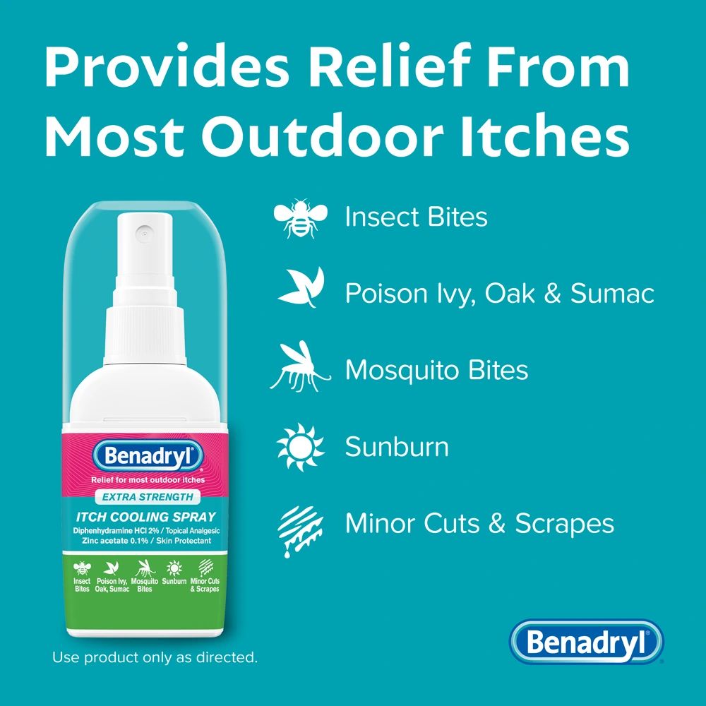 BENADRYL® Extra Strength Itch Relief Spray bottle and text listing relief for insect bites, poison ivy, oak, sumac, mosquito bites, sunburn, and minor cuts and scrapes.