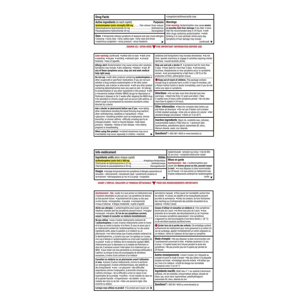 Benadryl's Extra Strength Allergy, Sinus & Pain Tablets drug facts