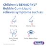 Children’s BENADRYL® Dye-Free Allergy Liquid bubble gum flavor relieves symptoms such as sneezing, itchy watery eyes, runny nose, itchy throat or nose, and  congestion.