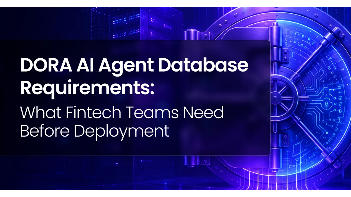 Digital vault surrounded by servers and data pathways, representing secure, resilient database infrastructure for AI agents operating under DORA requirements.