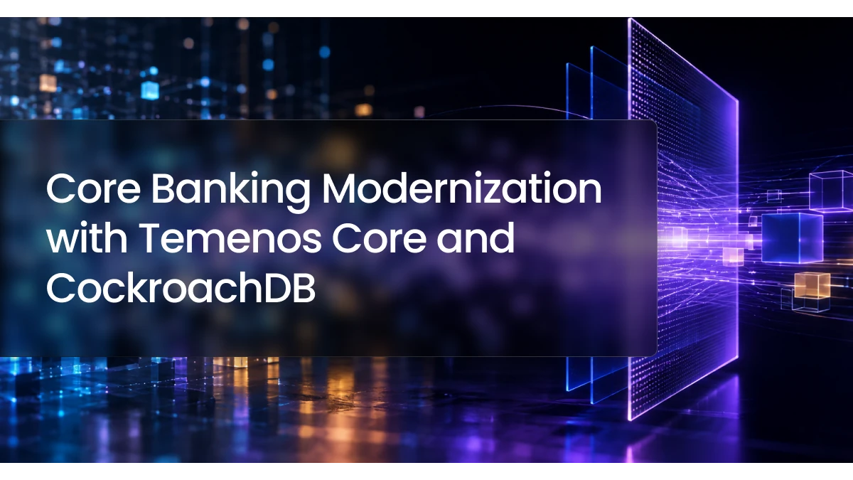 Streams of financial data moving through a digital processing layer, representing scalable, resilient core banking modernization with Temenos Core and CockroachDB.