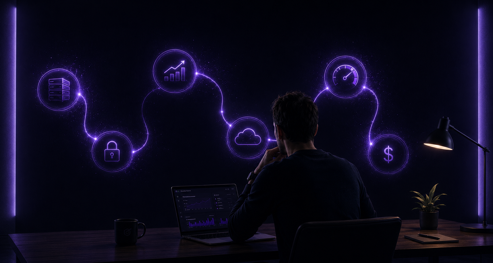 Engineer reviewing a connected cloud architecture