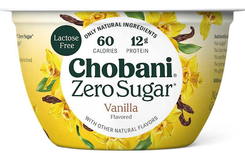 Chobani Zero Sugar Vanilla Greek yogurt cup, 60 calories, 12g protein, lactose-free